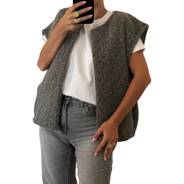 V neck Double sided Hand stitched Wool Overcoat Vest Dark Gray - Shop at LoveMi