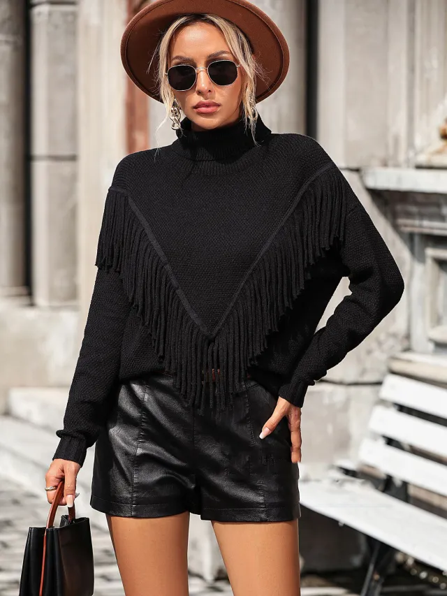 Loose fitting Tassel Knitwear Turtleneck Sweater Black - Shop at LoveMi