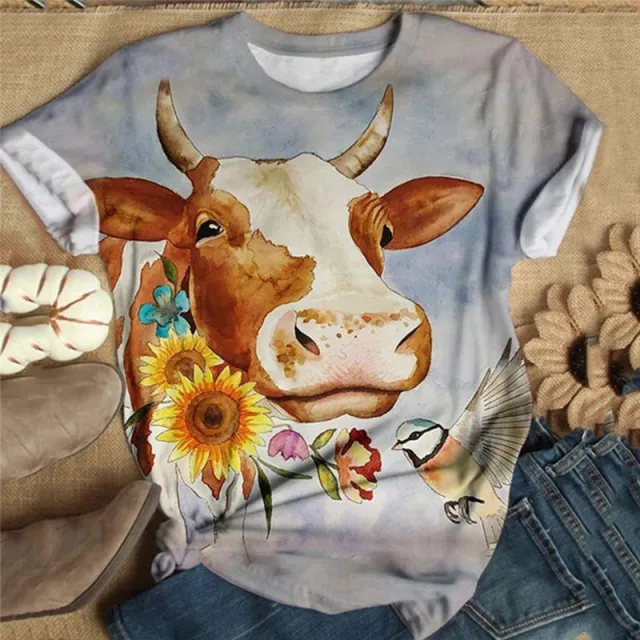 Fashionable Women's T Shirt With Bull Head Print Crew Neck And Short Sleeves 1 Style L - Shop at LoveMi