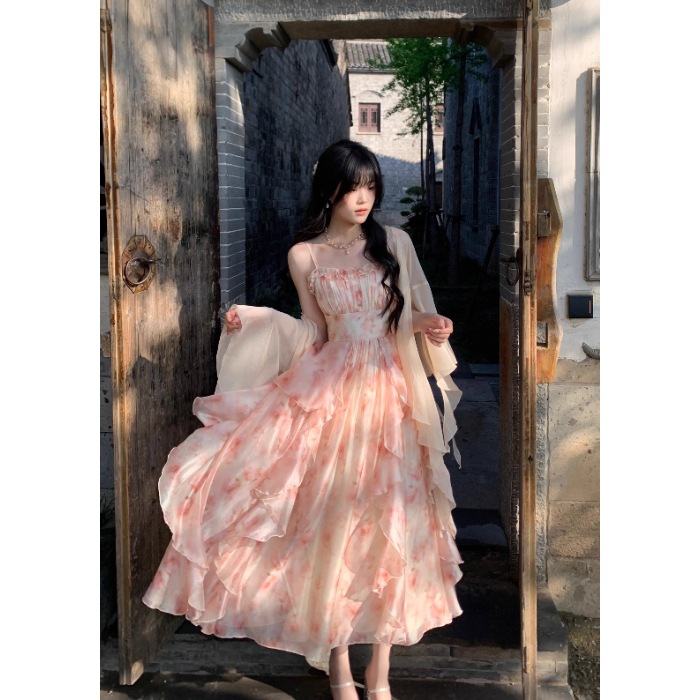 Summer Eden Oil Painting Blooming Printed Waist-controlled Ruffled Suspender Skirt Korean Style Elegant Dress