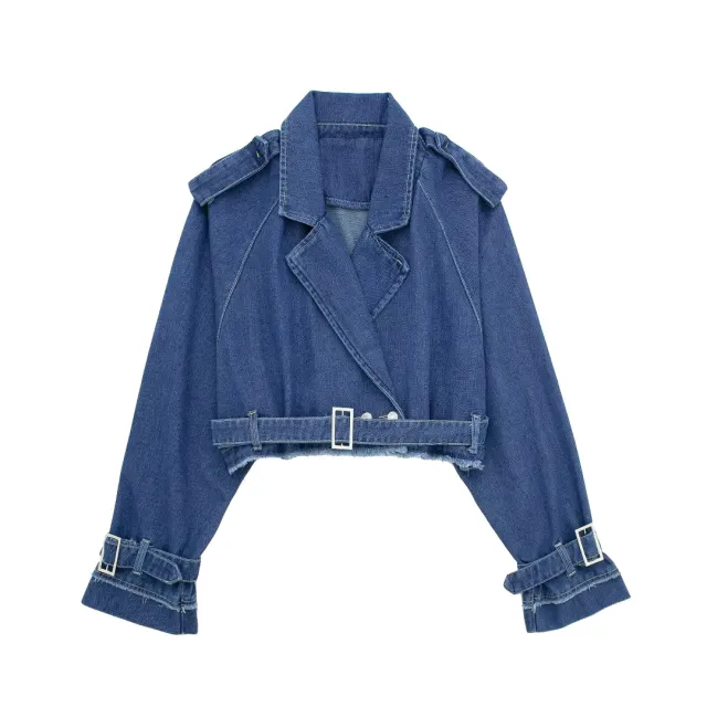 Denim Wind breaker Slim fitting Blouse French Style With Belt Coat Blue - Shop at LoveMi