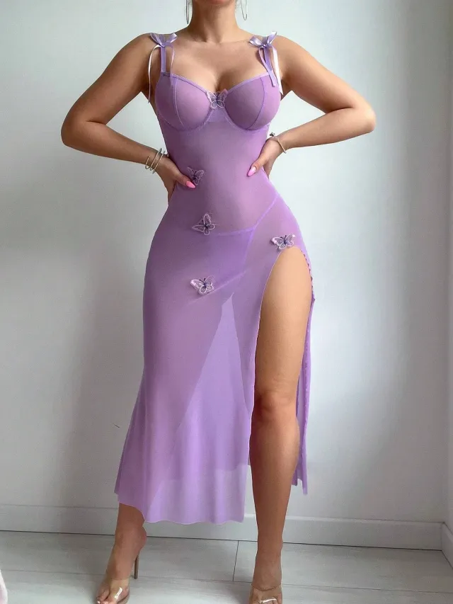 European And American Style Sexy Sheer Mesh Seduction Lace Backless High Slit Light Blue Sexy Sling Dress Purple - Shop at LoveMi