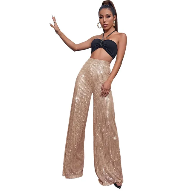 High Waist Casual Pants Sequins Loose fitting Drape Champagne L - Shop at LoveMi