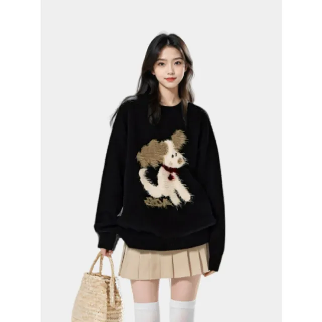 Cute Dog Jacquard Casual Sweater Women Black - Shop at LoveMi