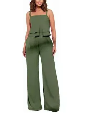 Sling Pure Color Ruffles Top Straight leg Pants Fashion Suit Army Green - Shop at LoveMi