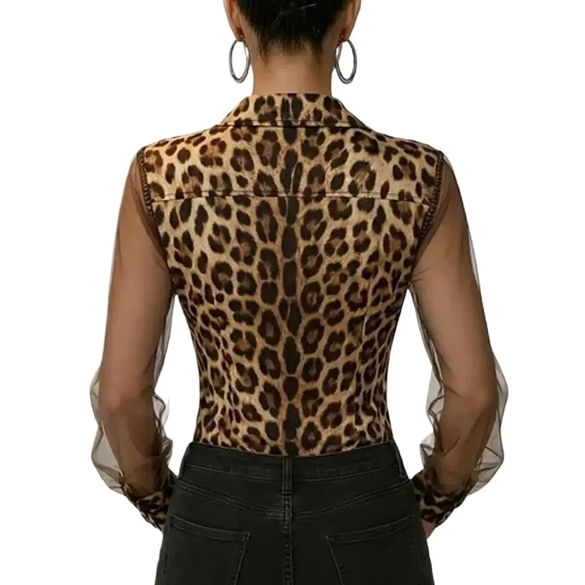 Leopard-print Patchwork Mesh Blouse With Pockets And Buttons