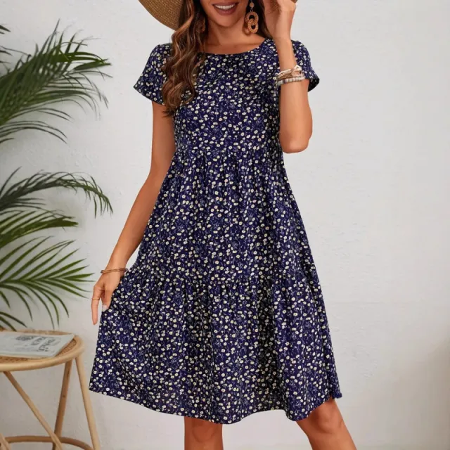 Printed Round Neck Dress Short Sleeve Dark Blue - Shop at LoveMi
