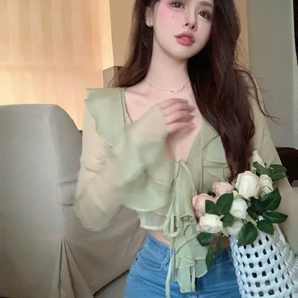Pure Design Ruffled V neck Chiffon Long Sleeve Shirt Green - Shop at LoveMi