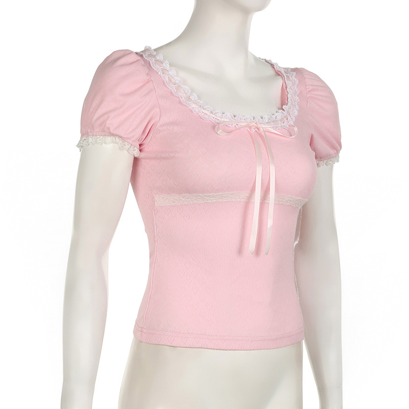 Girl Lace Edge Stitching Square Collar Tied Top