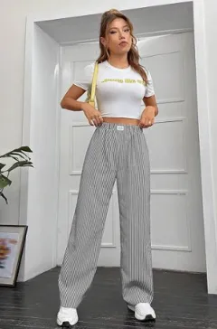 Striped Printed Women's High Waist Straight Wide Leg Pants - Black Stripes - View 1