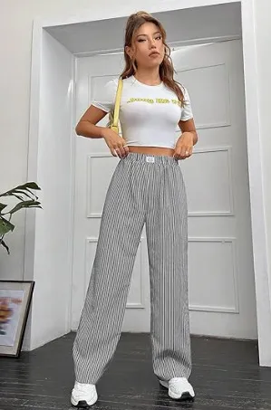 Striped Printed Women's High Waist Straight Wide Leg Pants Black Stripes - Shop at LoveMi