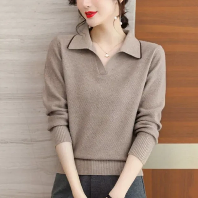 Leisure Loose Lapels Elegant Knitwear Khaki - Shop at LoveMi