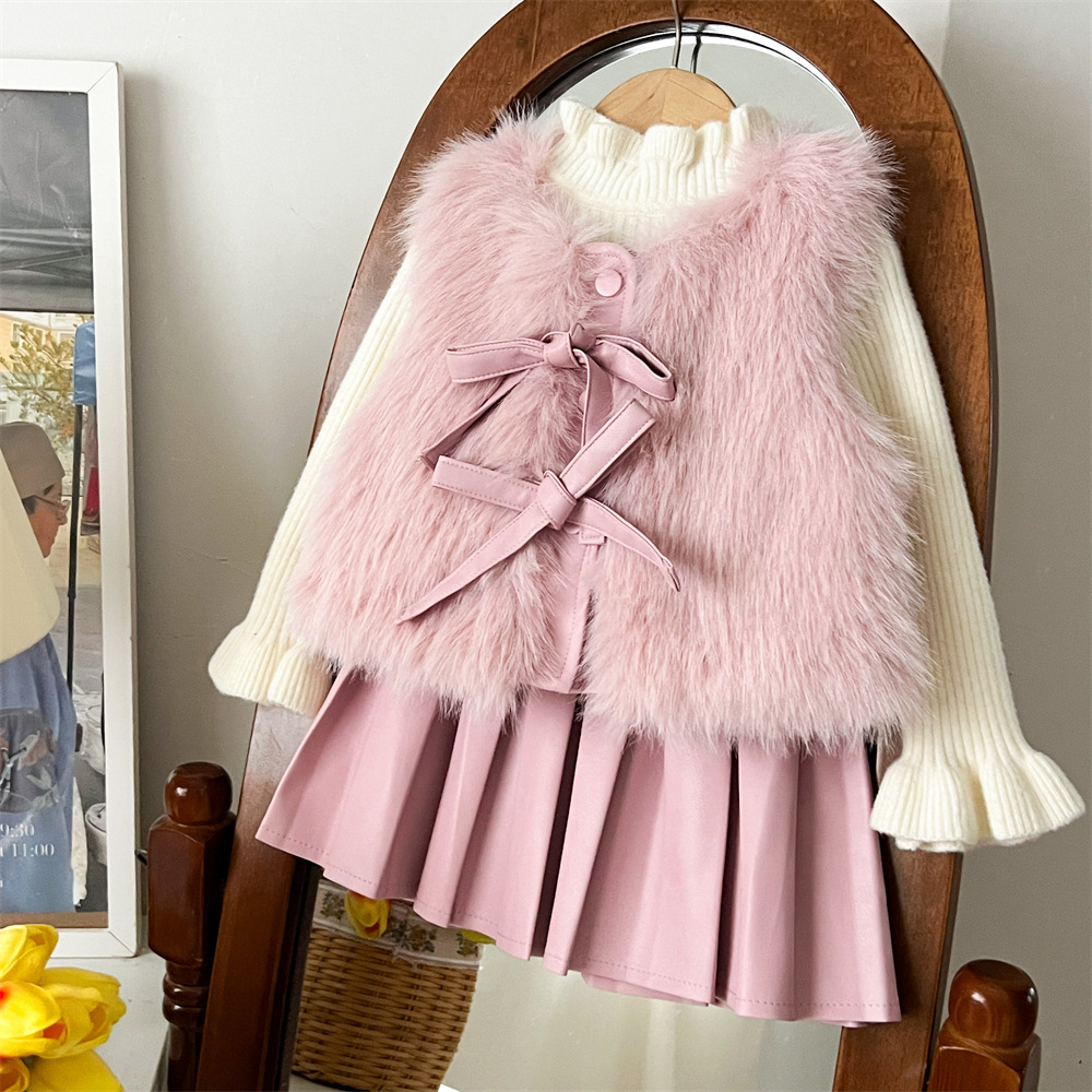Girls' Autumn And Winter Warm Fur Waistcoat Leather Skirt Suit - Image 1