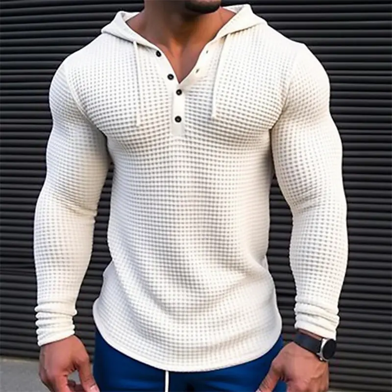 Men's Pullover Casual Long Sleeve T-shirt Waffler Slim Tops Sweat-shirt Solid