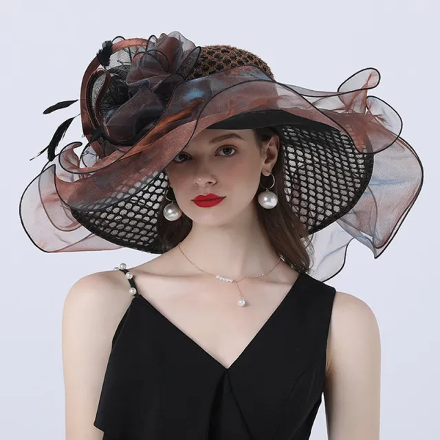 European And American Style Women's Sunshade Adult Hatband Mesh Flower Decoration Broad brimmed Hat Coffee - Shop at LoveMi