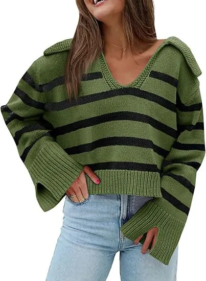 V neck Large Lapel Short Knitted Women's Top Green - Shop at LoveMi