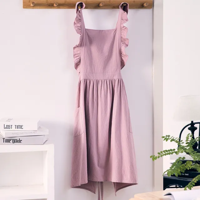 Shoulder Strap Flounce Apron Waterproof Cotton Baking Kitchen Pink - Shop at LoveMi
