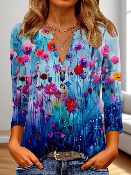 Women's 3D Printed Fashion Casual V neck Long sleeved T shirt Top Xl651 S - Shop at LoveMi