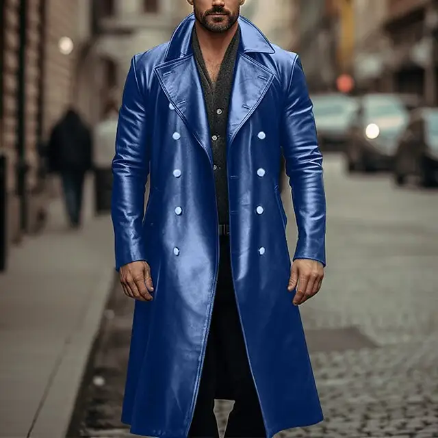 Long Trench Coat Male Double-breasted Leather Jacket