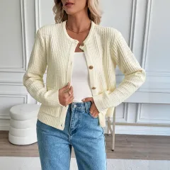 Casual Korean Style Metal Button Cardigan Solid Colour Sweater Coat For Women - Beige - View 1