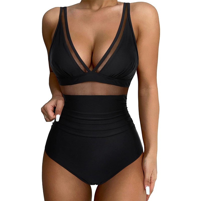 Pure Color Mesh Halter Bikini One-piece Swimsuit - Image 7