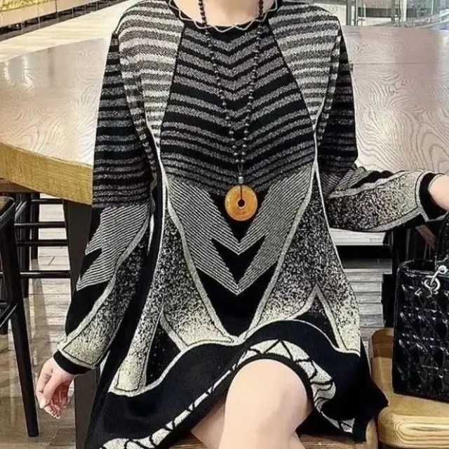 New Mid length Round Neck Autumn And Winter Geometric Sweater Black Rice White - Shop at LoveMi