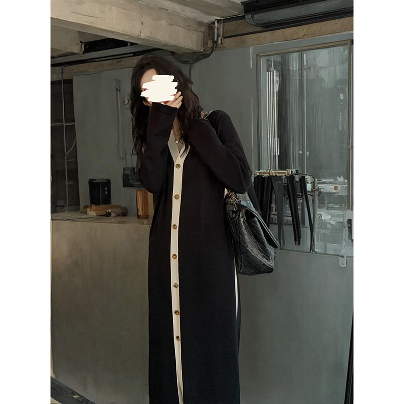 Women's Black Long Cardigan Knitted Dress