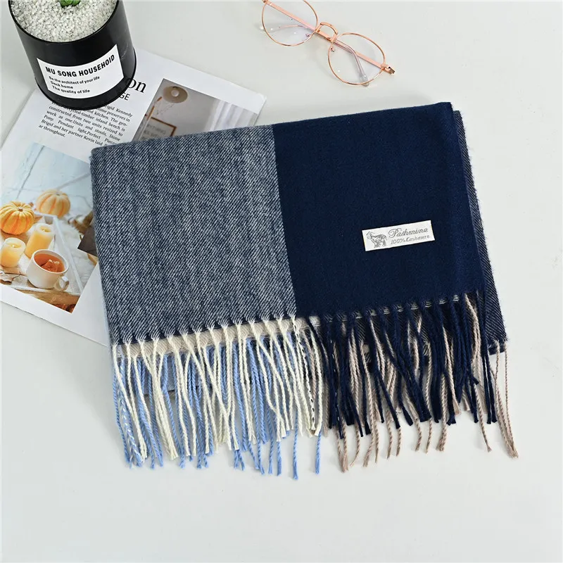 Women's Cashmere-like Plaid Tassel Scarf - Navy Blue