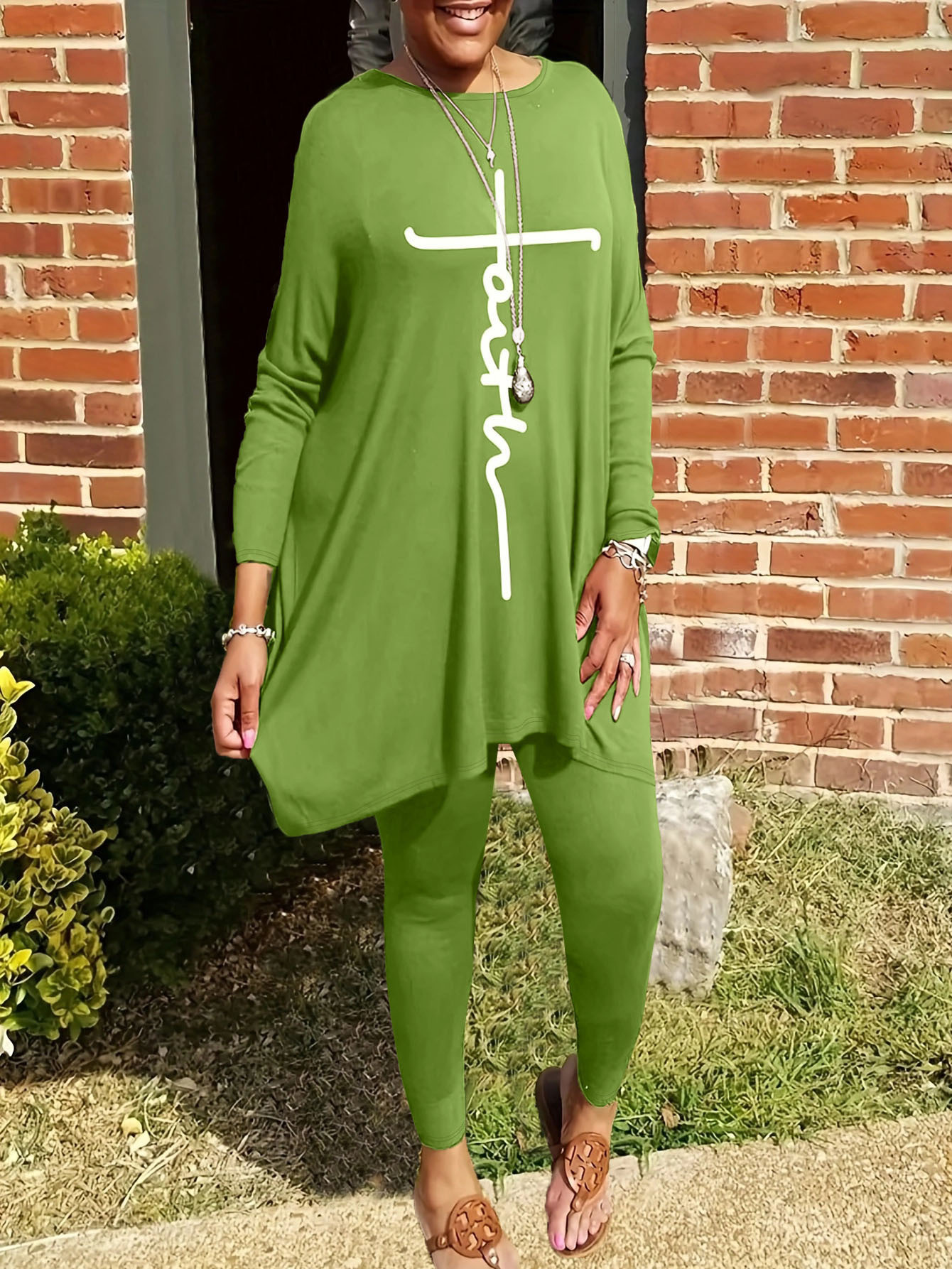 Round Neck Loose Long Sleeves Solid Color Printed Plus Size Women's Clothing Two-piece Set - Image 5