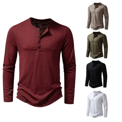 Men's Long-sleeved T-shirt Fashion Casual Solid Color Pullover Button