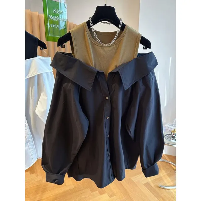 Loose Small Sling Vest Stitching Shirt Fake Two piece Top Black - Shop at LoveMi