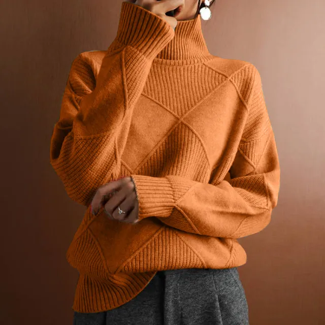 Loose High Collar Warm Sweater Solid Color Knitted Women Marigold Orange - Shop at LoveMi