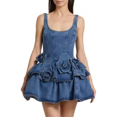 Flower Double Layer Slimming A- Line Slip Dress Short Skirt For Women - Blue - View 1
