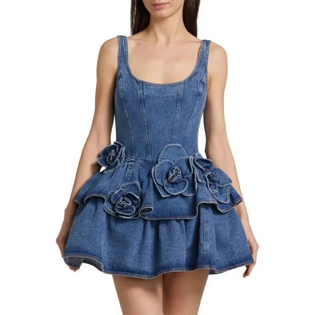 Flower Double Layer Slimming A Line Slip Dress Short Skirt For Women Blue - Shop at LoveMi