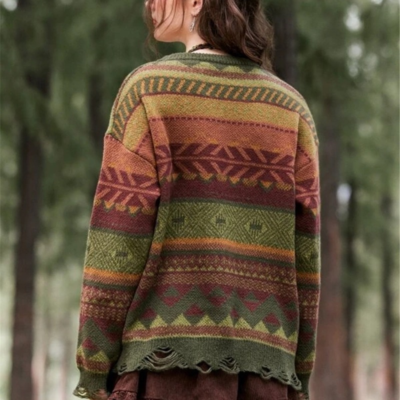 Geometric Pattern Hole Knitted Long Sleeve Sweater