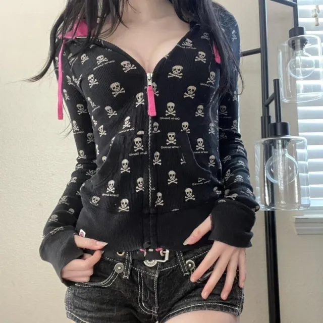 Women's Punk Black Skull Print Hoodie Coat Black - Shop at LoveMi