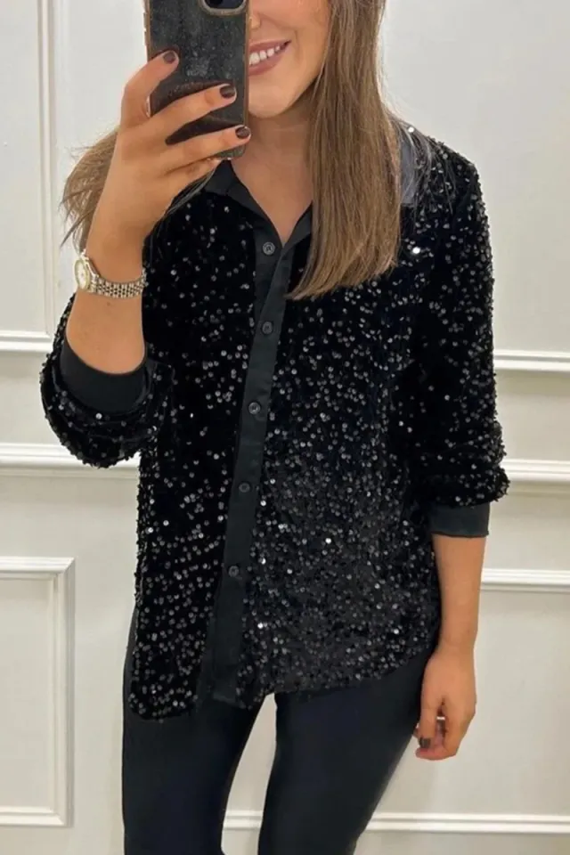 Women's Solid Color Lapel Long Sleeve Button Sequined Shirt Black - Shop at LoveMi
