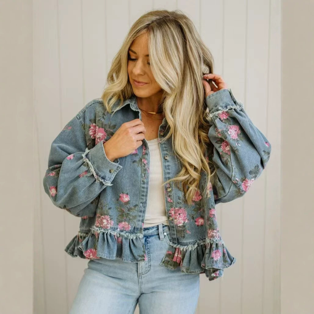 Vintage Washed Denim Jacket Floral Print Loose-Fit Fashionable Long-Sleeve Shirt