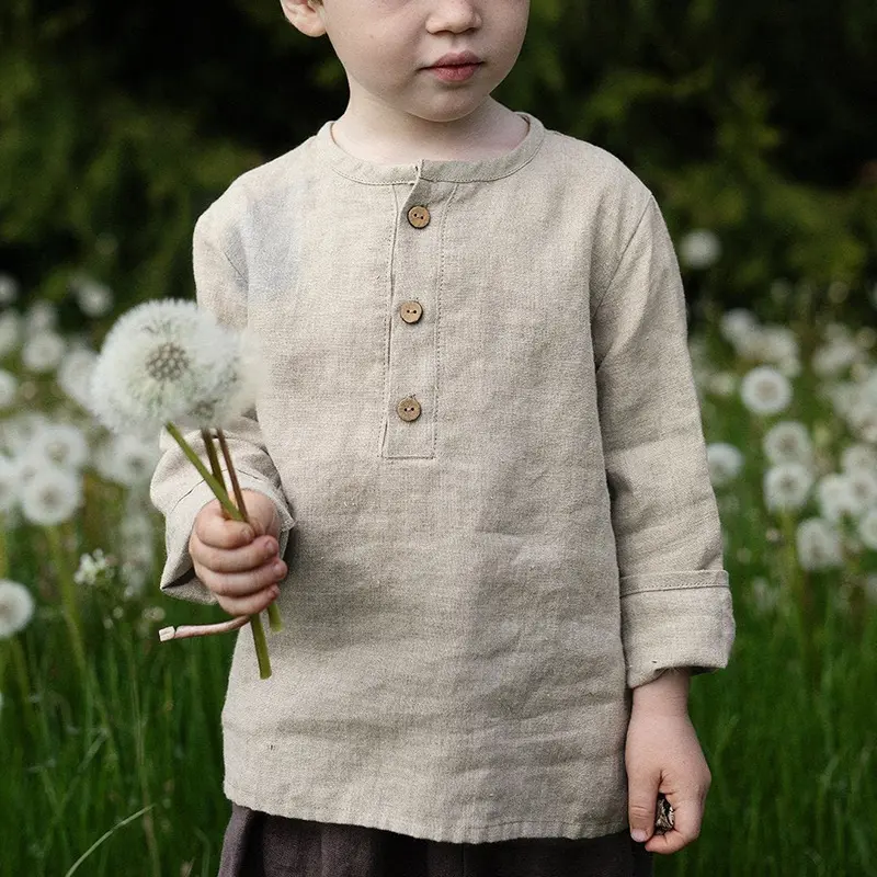 Boy Half-open Collar Long Sleeve Cotton Linen