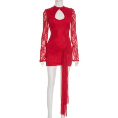 Women's Solid Color Hollow Out Strap Lace Long Sleeve Ribbon Short Dress - Red - View 1