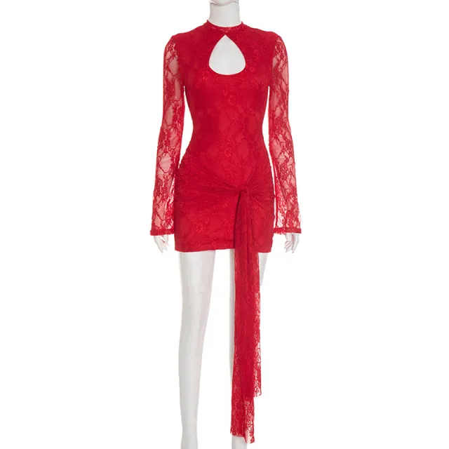 Women's Solid Color Hollow Out Strap Lace Long Sleeve Ribbon Short Dress Red - Shop at LoveMi