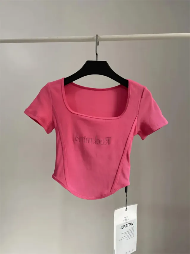 Short High Waist Crop Top Women's Summer Sexy Tight Curved Hem Short Sleeve T shirt Rose Red - Shop at LoveMi