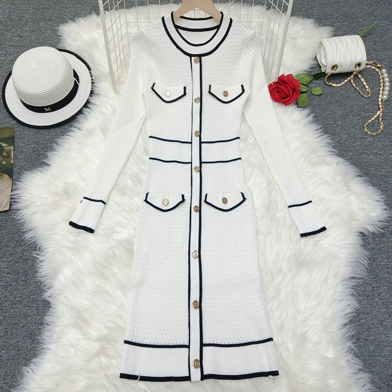 Contrast Color Four-pocket Slim Slimming Exquisite Dress