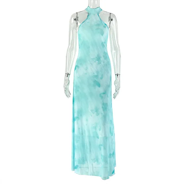 Micro perforated Casual Seaside Fresh style A line Dress With A Halter Neck Blue - Shop at LoveMi