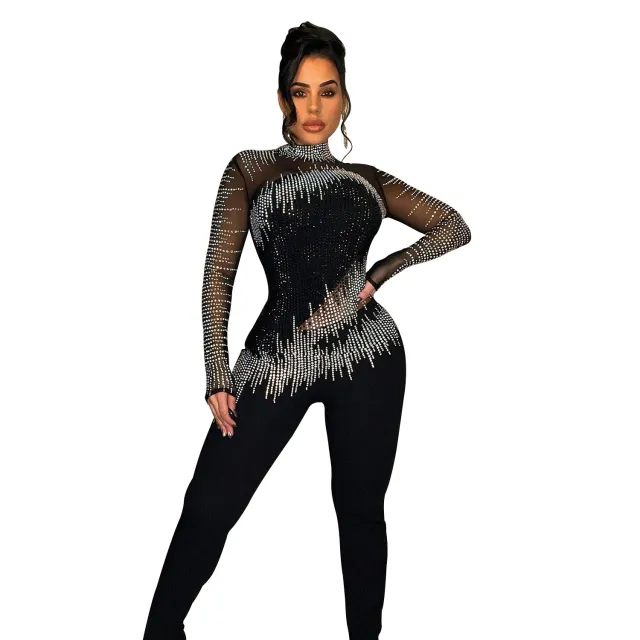 Women's Pure Color Mesh Rhinestone Long sleeved Trousers Jumpsuit Black - Shop at LoveMi