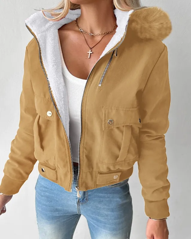 Casual Fashion Hooded Jacket With Furry Lining Khaki - Shop at LoveMi