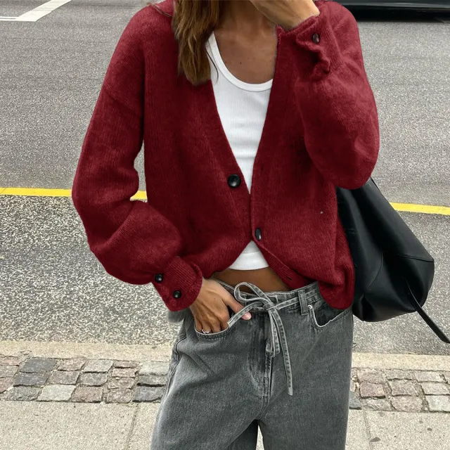 Fashionable Multi color Sweater With Long Sleeves And Buttons For Women Wine Red - Shop at LoveMi