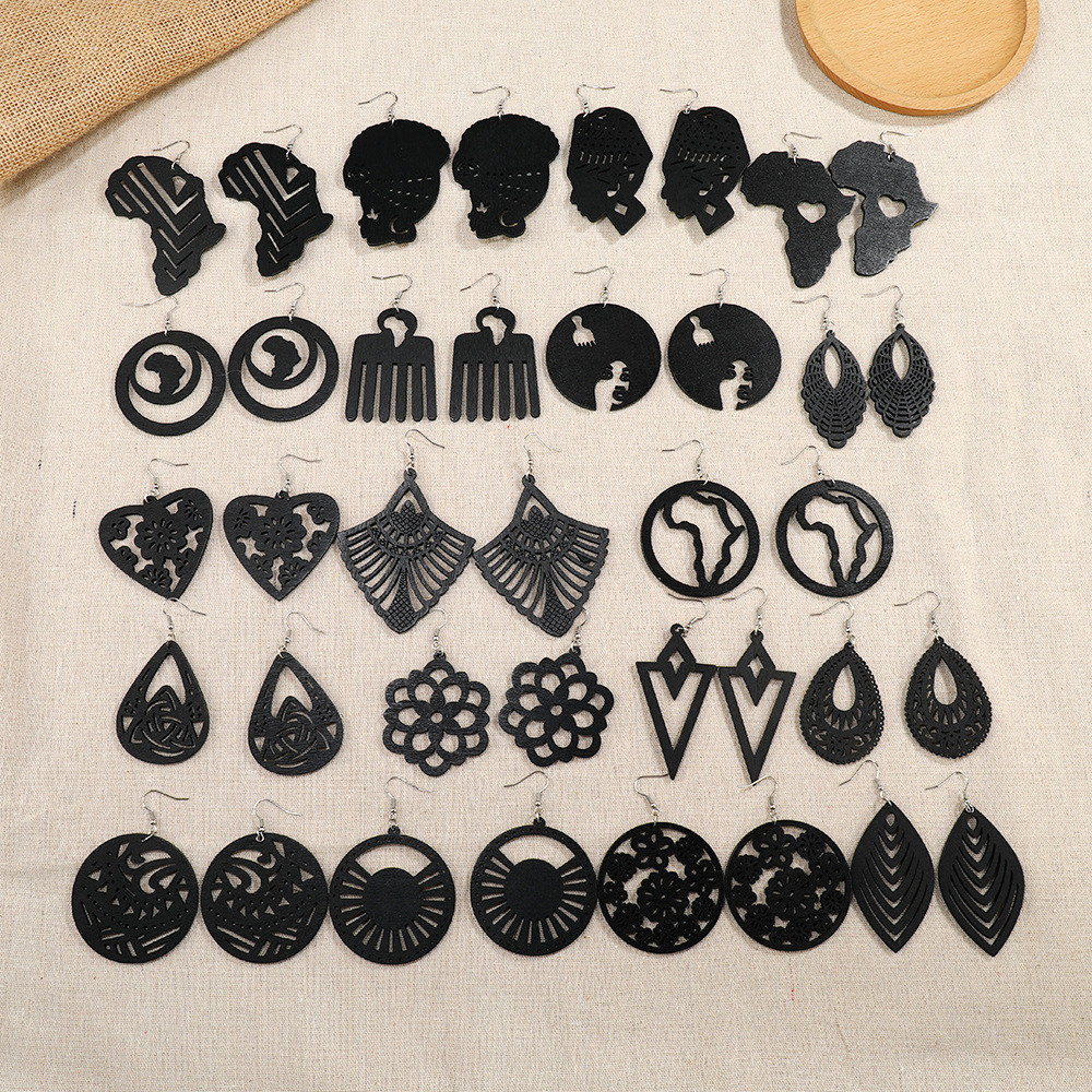 Amazon Cross-Border Bestseller Black Hollow-Out Wooden Earrings