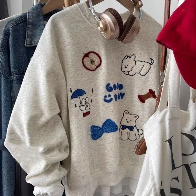 New Embroidered Flocking Loose All match Round Neck Sweater White - Shop at LoveMi