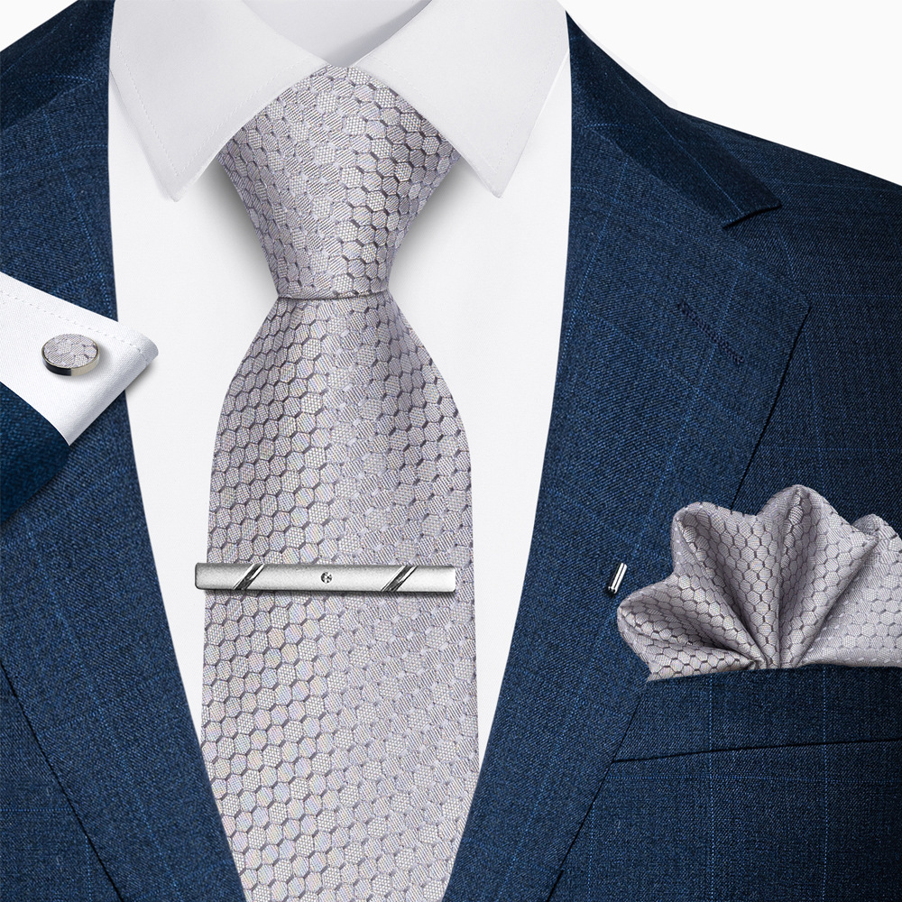 Set de 4 cravate business pentru bărbați - Costum mixt cu dungi de culoare mixtă, lățime de 8 cm, cu pătrat de buzunar și butoni